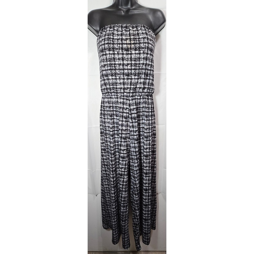 Espresso Strapless Jumpsuit Wide Leg Black White Plaid Elastic Waist XL